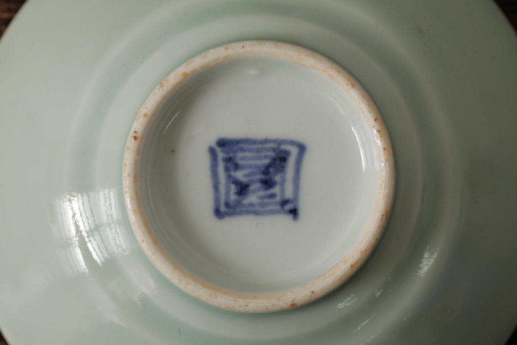 古民具・骨董　江戸期　古伊万里　青磁染付蓋茶碗2客セット(和食器)(R-042743)