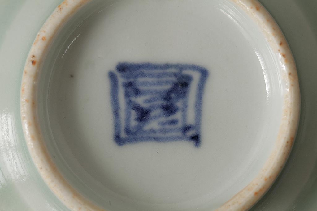 古民具・骨董　江戸期　古伊万里　青磁染付蓋茶碗2客セット(和食器)(R-042743)