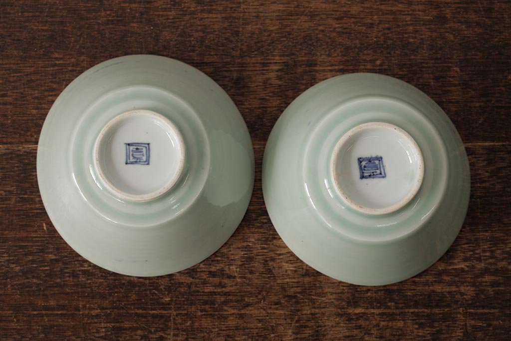 古民具・骨董　江戸期　古伊万里　青磁染付蓋茶碗2客セット(和食器)(R-042743)