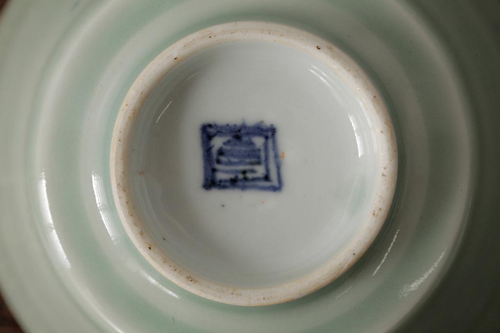 古民具・骨董　江戸期　古伊万里　青磁染付蓋茶碗2客セット(和食器)(R-042743)