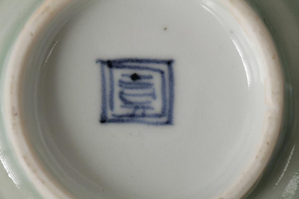 古民具・骨董　江戸期　古伊万里　青磁染付蓋茶碗2客セット(和食器)(R-042743)
