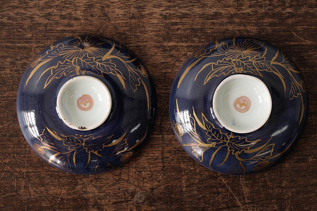 江戸期　古伊万里　瑠璃金彩花文蓋茶碗2客セット(和食器)(R-042744)