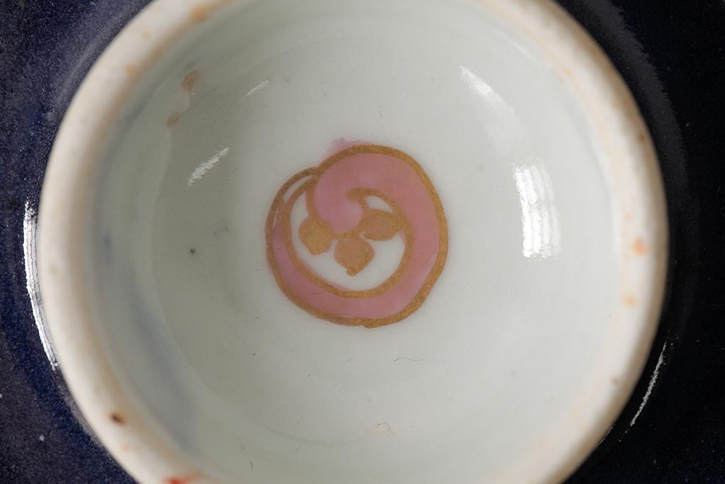江戸期　古伊万里　瑠璃金彩花文蓋茶碗2客セット(和食器)(R-042744)