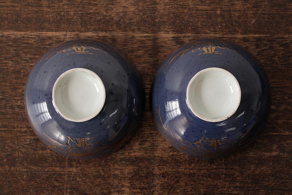 江戸期　古伊万里　瑠璃金彩花文蓋茶碗2客セット(和食器)(R-042744)