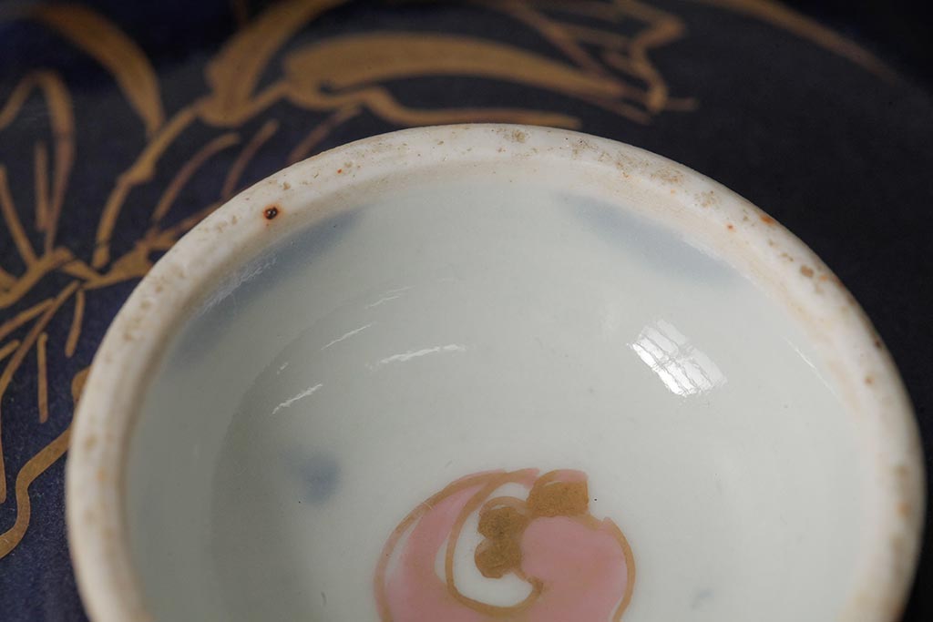 江戸期　古伊万里　瑠璃金彩花文蓋茶碗2客セット(和食器)(R-042745)