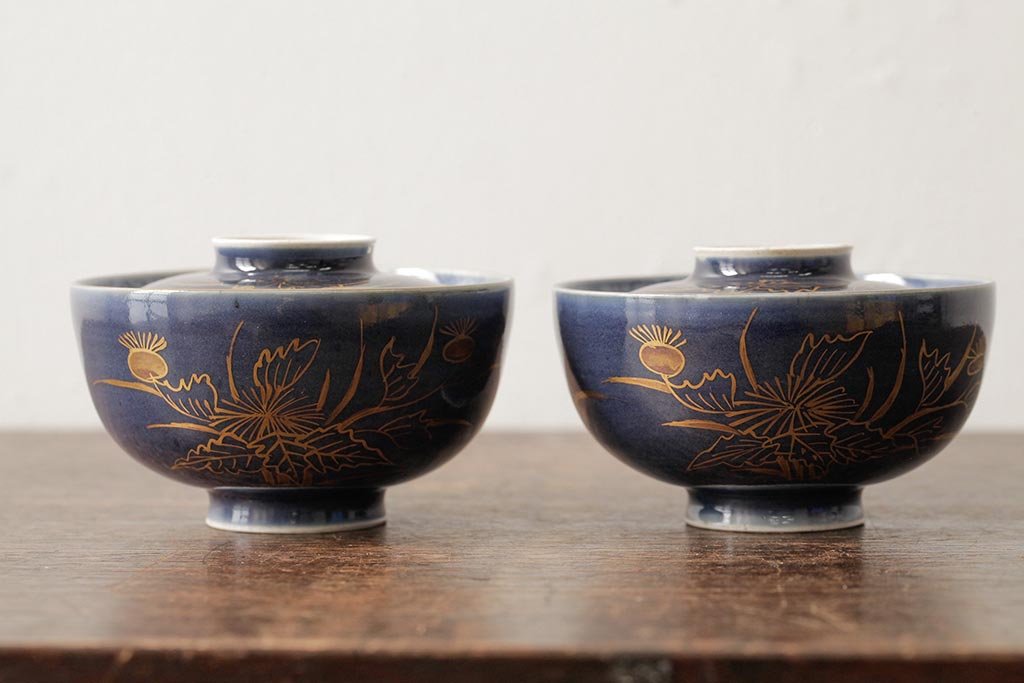江戸期　古伊万里　瑠璃金彩花文蓋茶碗2客セット(和食器)(R-042746)