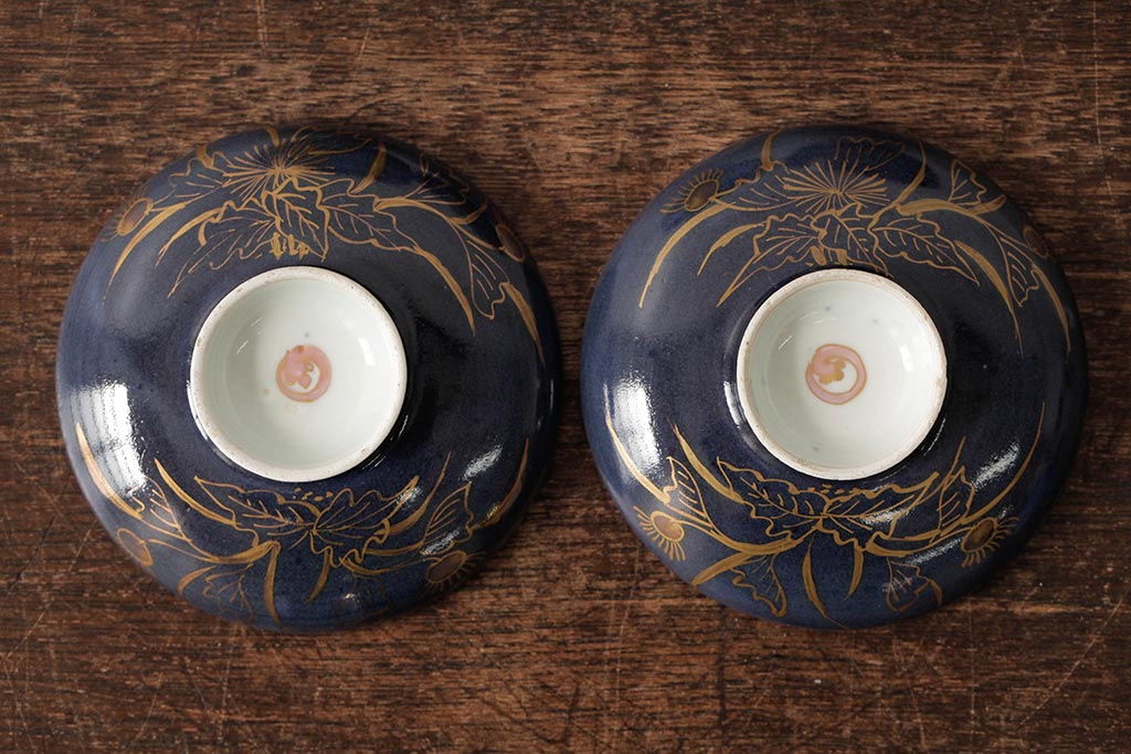 江戸期　古伊万里　瑠璃金彩花文蓋茶碗2客セット(和食器)(R-042746)