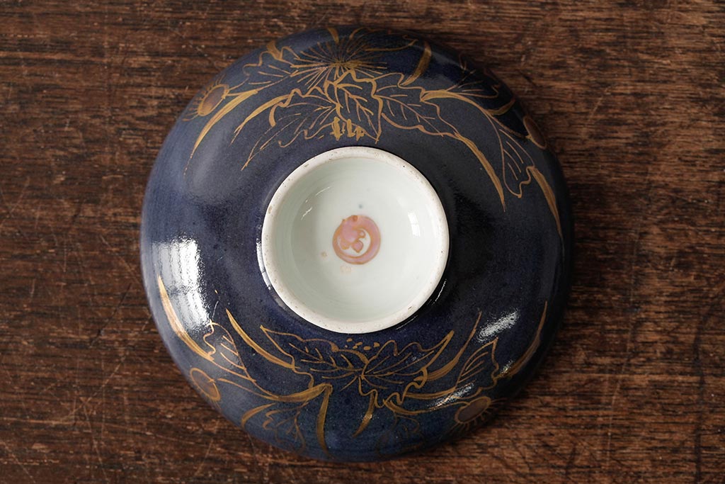 江戸期　古伊万里　瑠璃金彩花文蓋茶碗2客セット(和食器)(R-042746)
