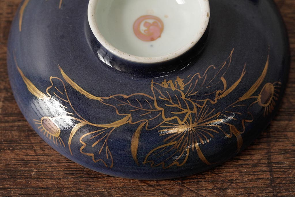 江戸期　古伊万里　瑠璃金彩花文蓋茶碗2客セット(和食器)(R-042746)