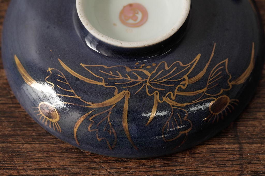 江戸期　古伊万里　瑠璃金彩花文蓋茶碗2客セット(和食器)(R-042746)