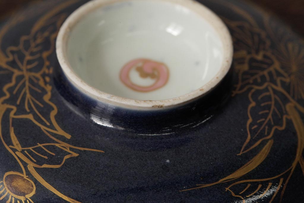江戸期　古伊万里　瑠璃金彩花文蓋茶碗2客セット(和食器)(R-042746)