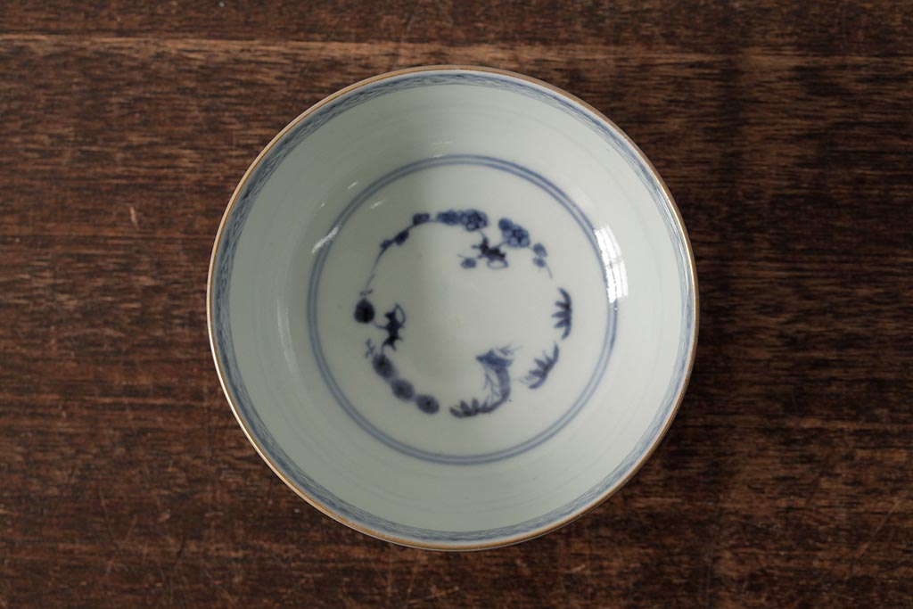 江戸期　古伊万里　瑠璃金彩花文蓋茶碗2客セット(和食器)(R-042746)