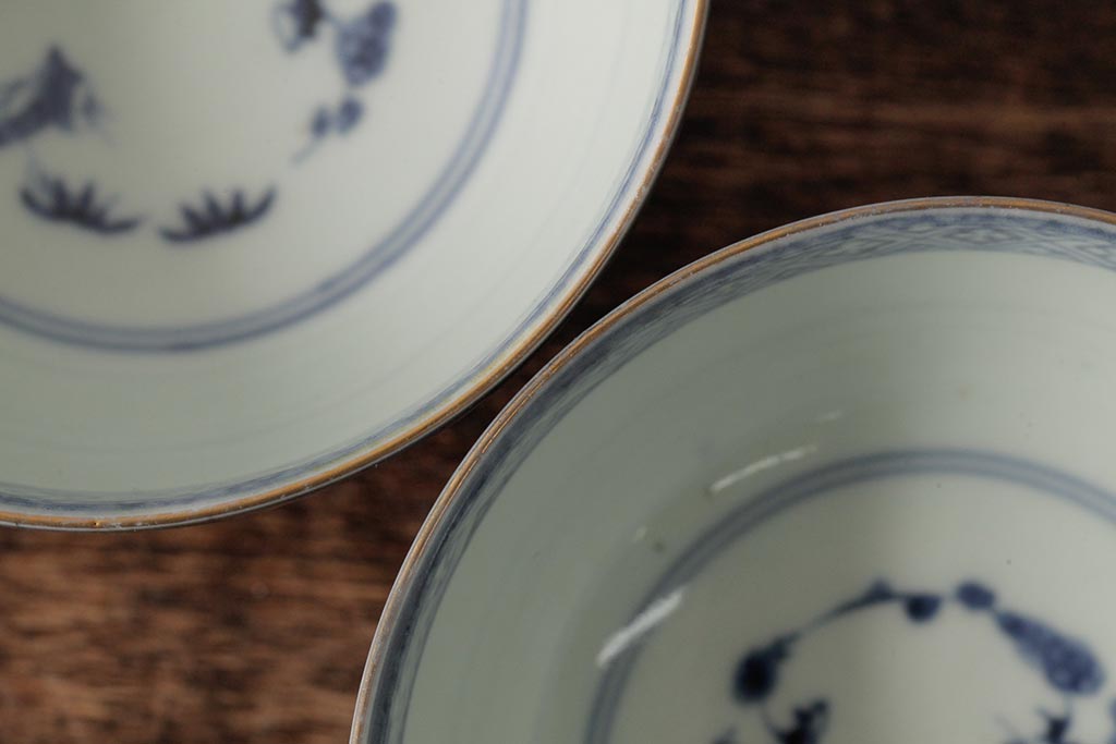 江戸期　古伊万里　瑠璃金彩花文蓋茶碗2客セット(和食器)(R-042746)