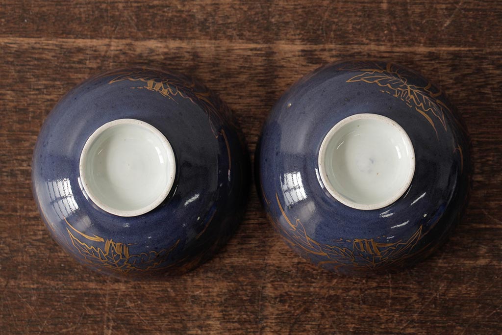 江戸期　古伊万里　瑠璃金彩花文蓋茶碗2客セット(和食器)(R-042746)