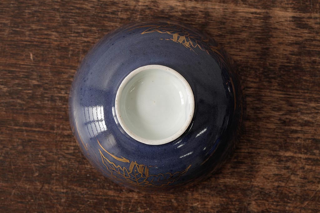江戸期　古伊万里　瑠璃金彩花文蓋茶碗2客セット(和食器)(R-042746)
