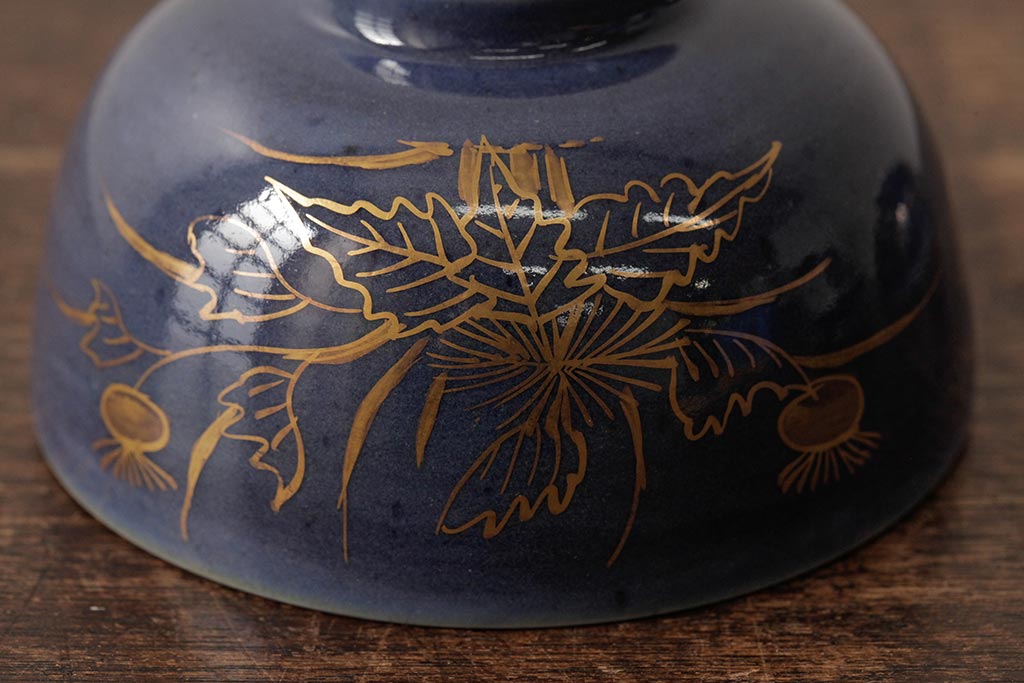 江戸期　古伊万里　瑠璃金彩花文蓋茶碗2客セット(和食器)(R-042746)