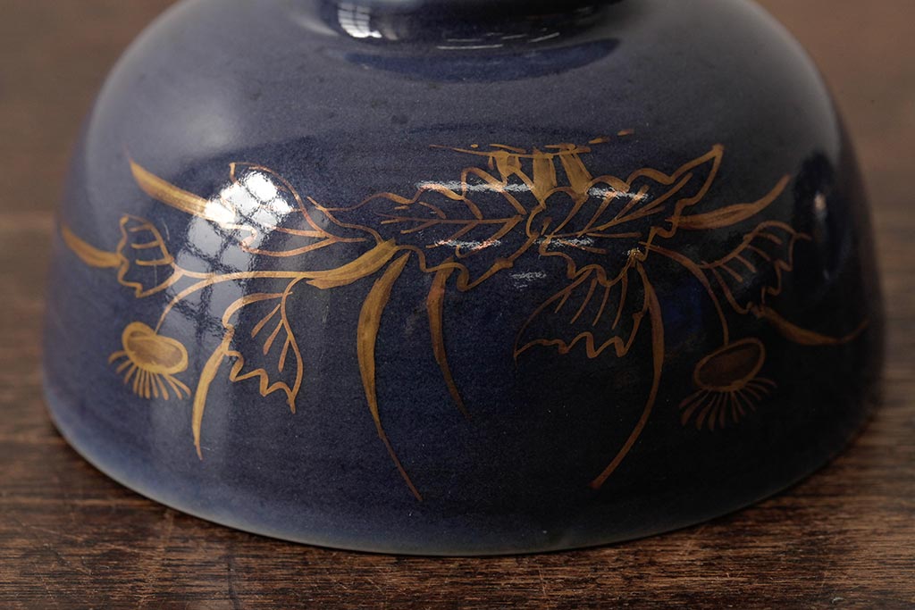 江戸期　古伊万里　瑠璃金彩花文蓋茶碗2客セット(和食器)(R-042746)