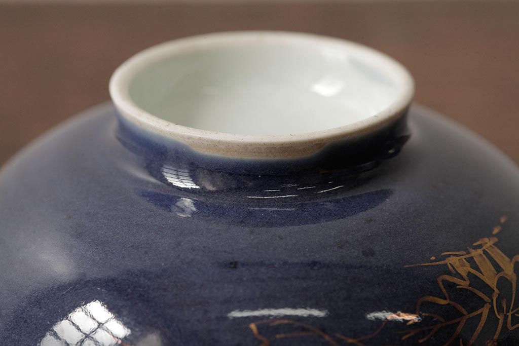 江戸期　古伊万里　瑠璃金彩花文蓋茶碗2客セット(和食器)(R-042746)