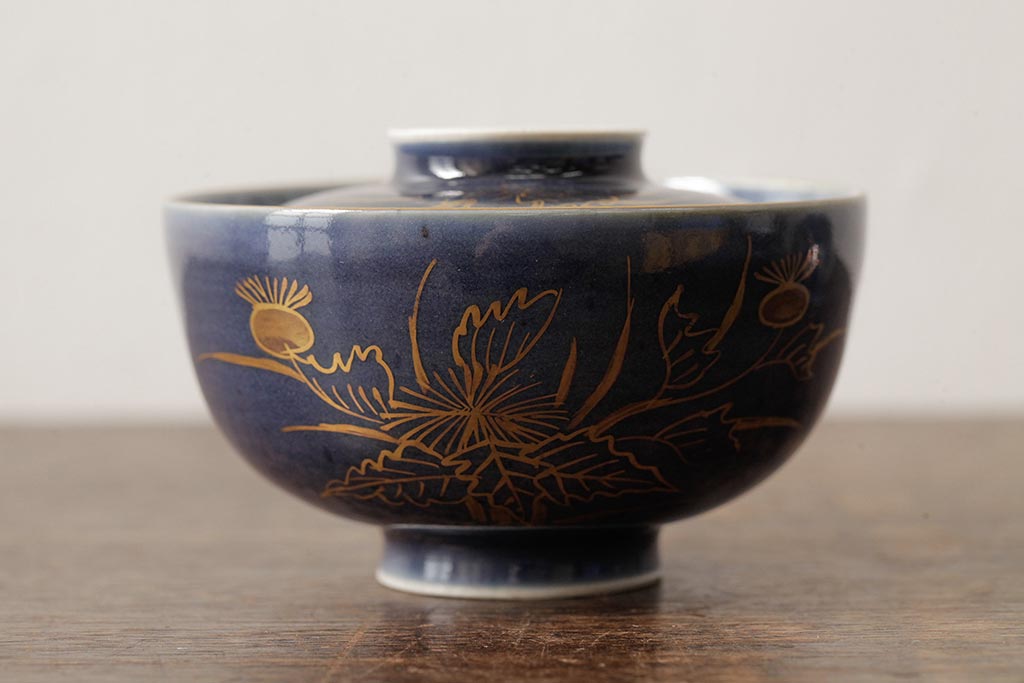 江戸期　古伊万里　瑠璃金彩花文蓋茶碗2客セット(和食器)(R-042746)
