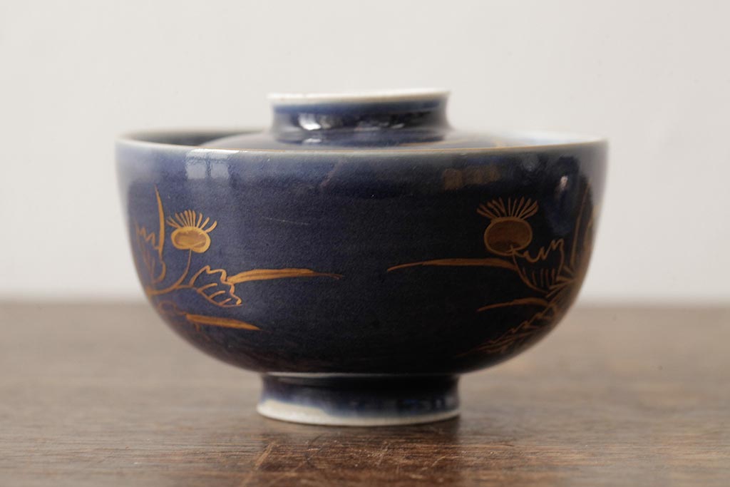 江戸期　古伊万里　瑠璃金彩花文蓋茶碗2客セット(和食器)(R-042746)
