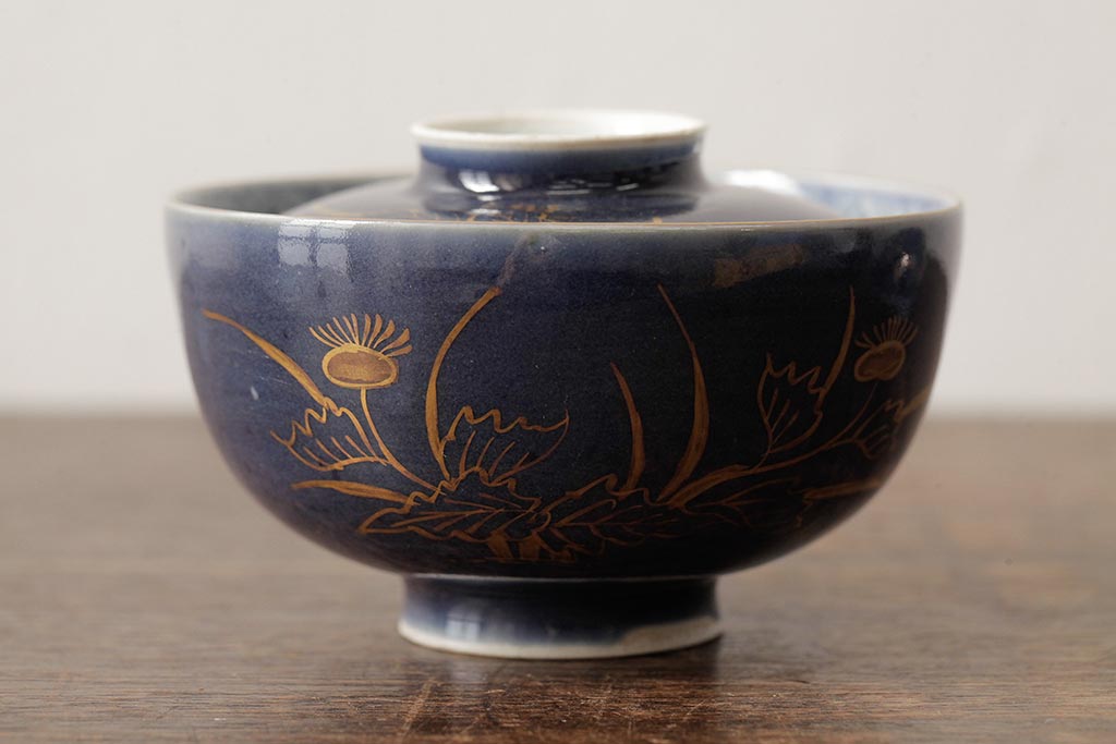江戸期　古伊万里　瑠璃金彩花文蓋茶碗2客セット(和食器)(R-042746)