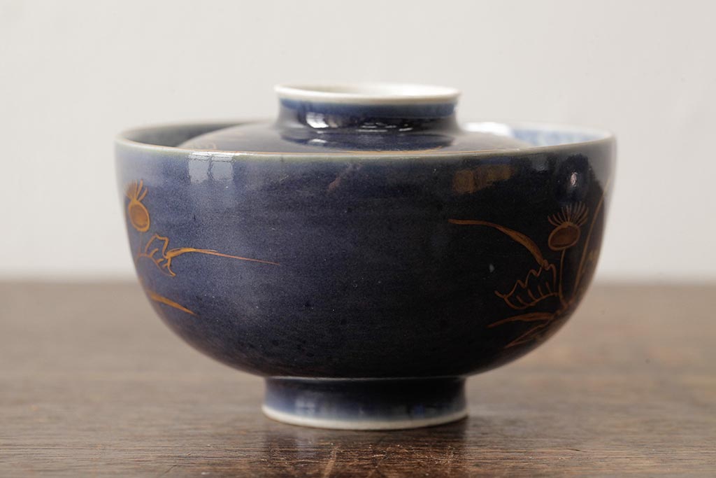 江戸期　古伊万里　瑠璃金彩花文蓋茶碗2客セット(和食器)(R-042746)