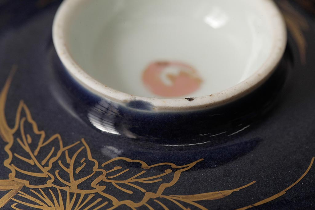 江戸期　古伊万里　瑠璃金彩花文蓋茶碗2客セット(和食器)(R-042747)