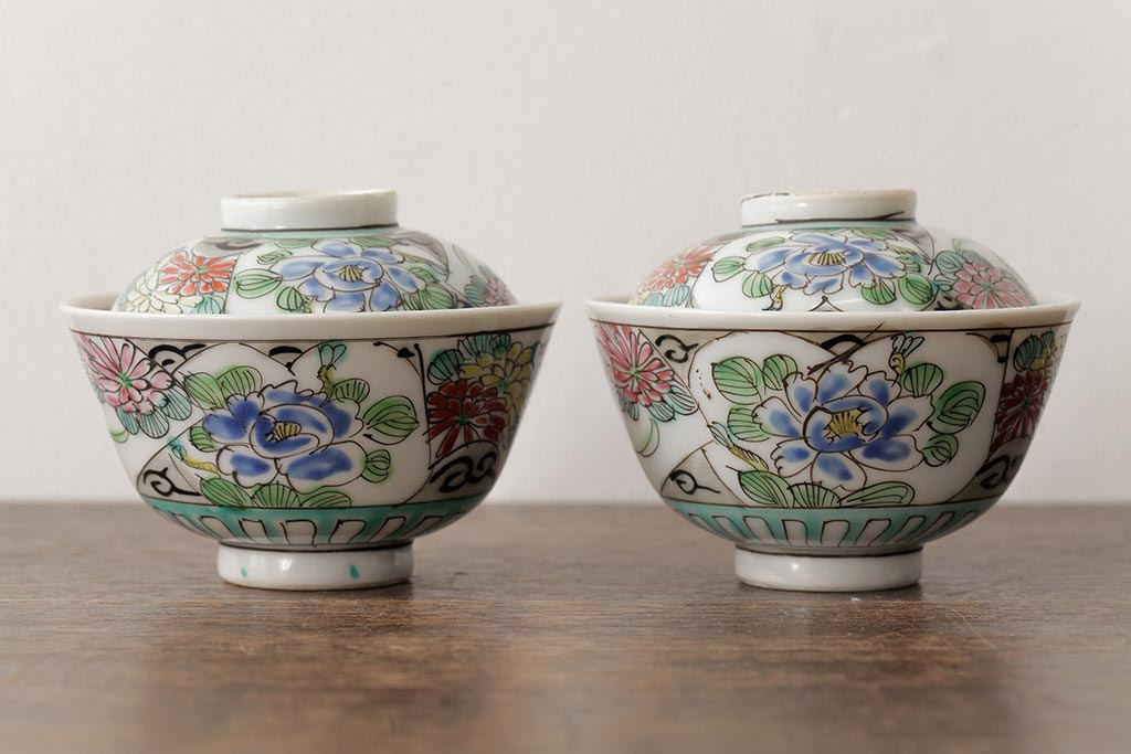 明治大正期　色絵染付蓋茶碗2客セット(和食器)(R-042810)