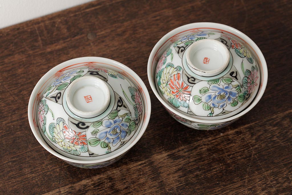 明治大正期　色絵染付蓋茶碗2客セット(和食器)(R-042810)