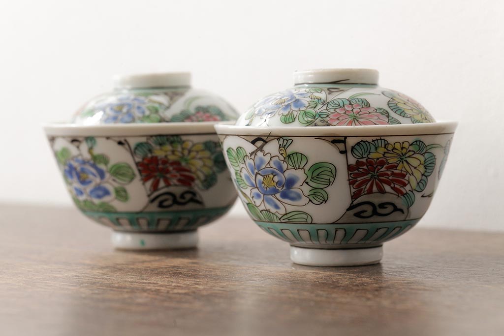 明治大正期　色絵染付蓋茶碗2客セット(和食器)(R-042810)