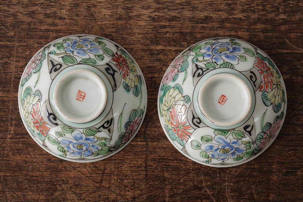 明治大正期　色絵染付蓋茶碗2客セット(和食器)(R-042810)