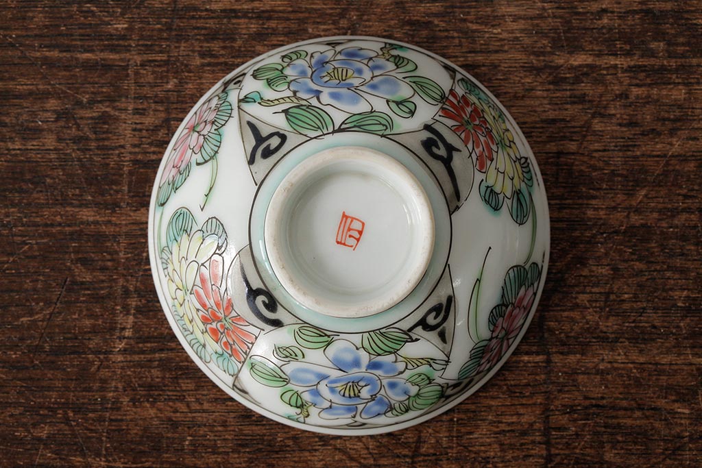 明治大正期　色絵染付蓋茶碗2客セット(和食器)(R-042810)