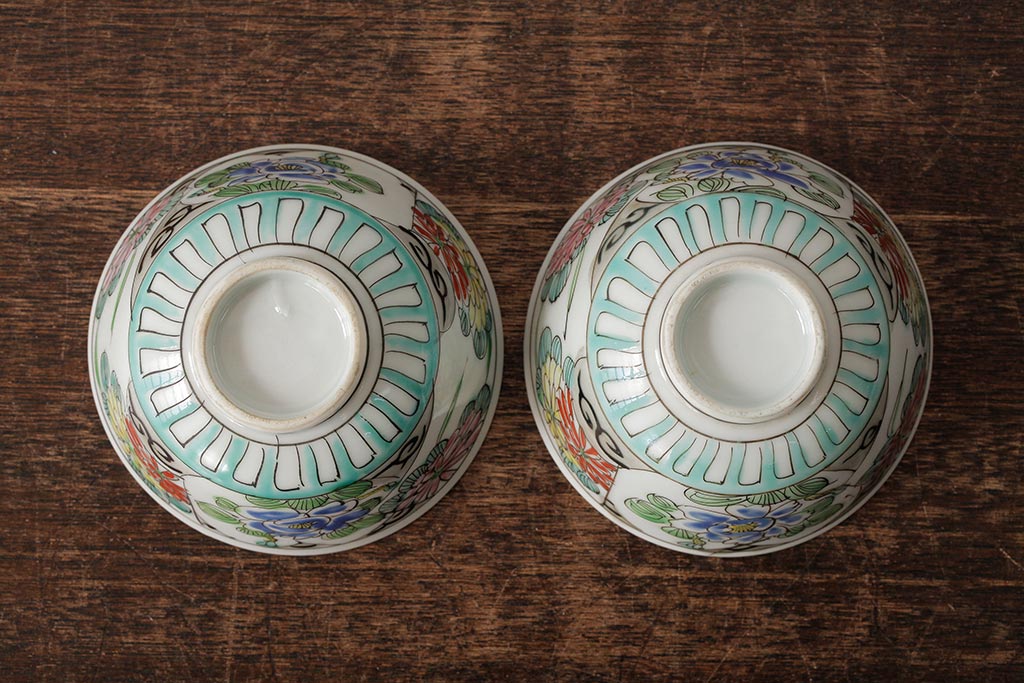 明治大正期　色絵染付蓋茶碗2客セット(和食器)(R-042810)