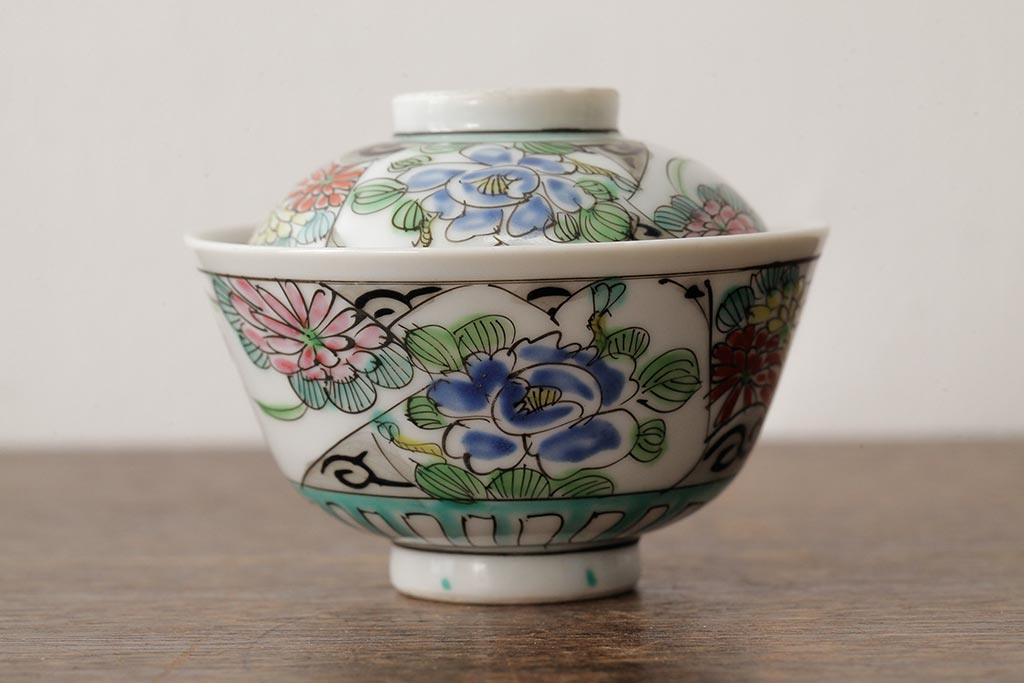 明治大正期　色絵染付蓋茶碗2客セット(和食器)(R-042810)