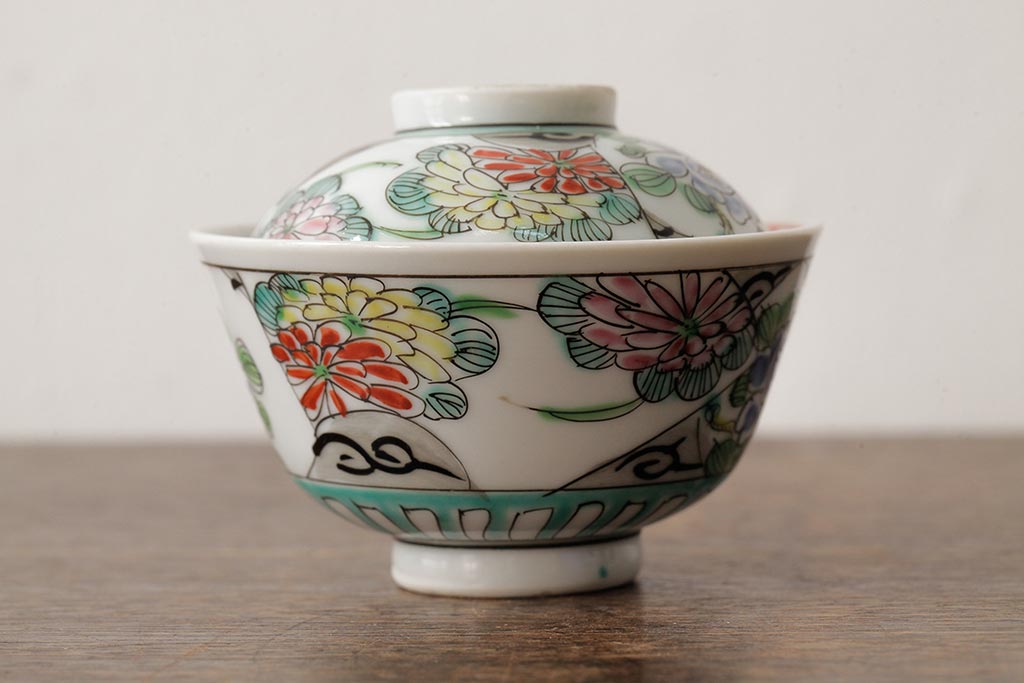 明治大正期　色絵染付蓋茶碗2客セット(和食器)(R-042810)