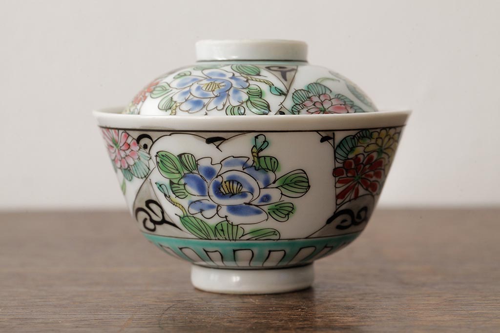 明治大正期　色絵染付蓋茶碗2客セット(和食器)(R-042810)
