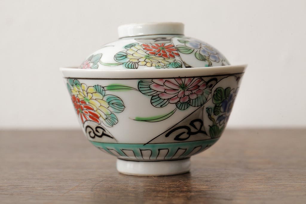 明治大正期　色絵染付蓋茶碗2客セット(和食器)(R-042810)