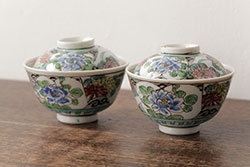 明治大正期　色絵染付蓋茶碗2客セット(和食器)(R-042810)