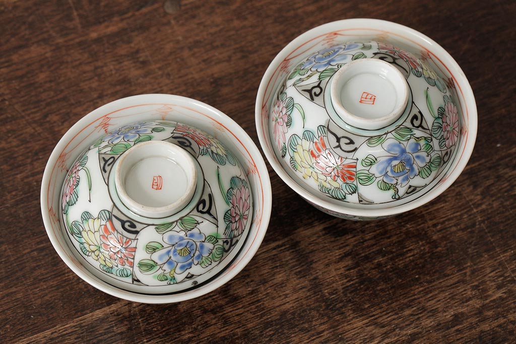 明治大正期　色絵染付蓋茶碗2客セット(和食器)(R-042811)