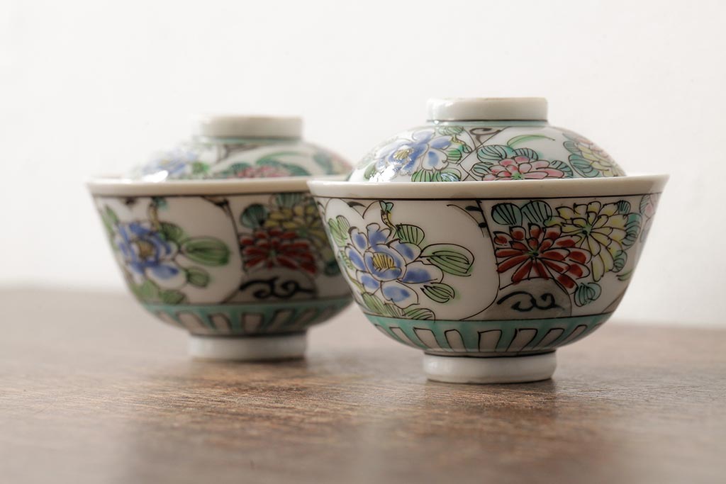 明治大正期　色絵染付蓋茶碗2客セット(和食器)(R-042811)