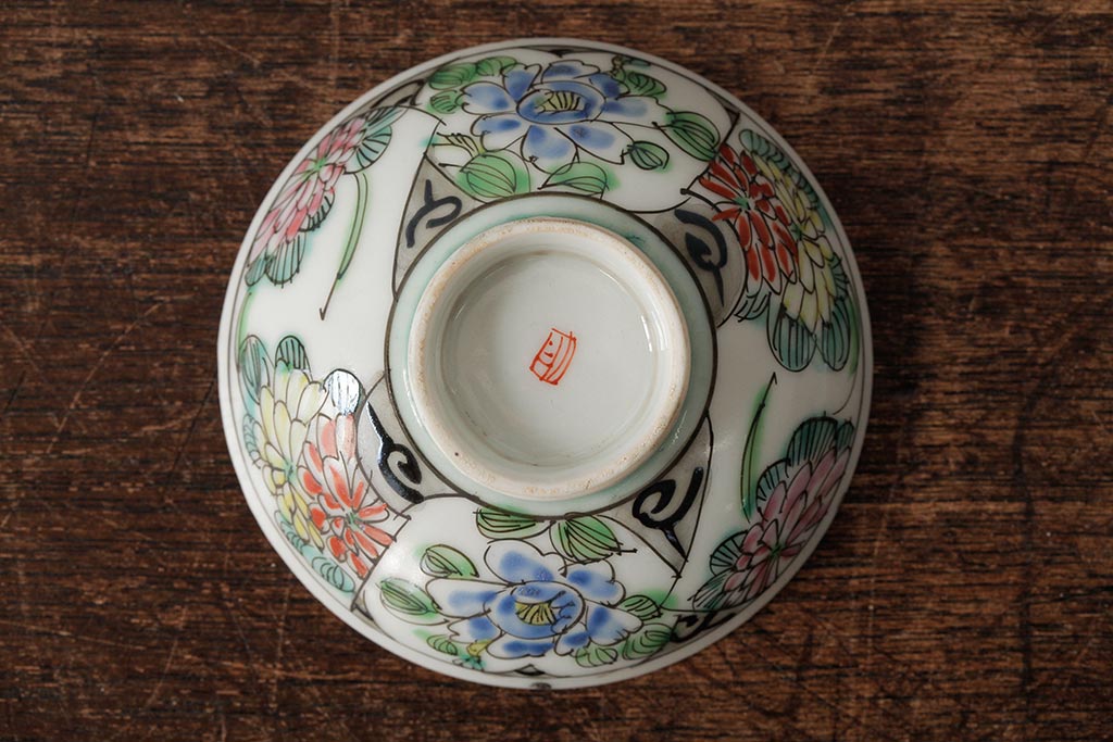 明治大正期　色絵染付蓋茶碗2客セット(和食器)(R-042811)