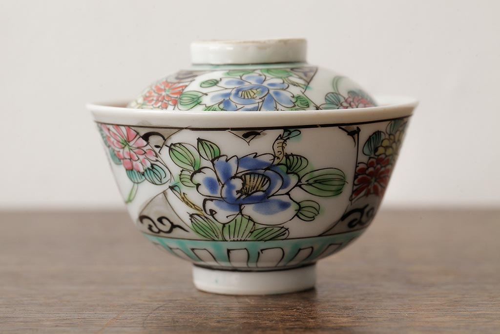 明治大正期　色絵染付蓋茶碗2客セット(和食器)(R-042811)