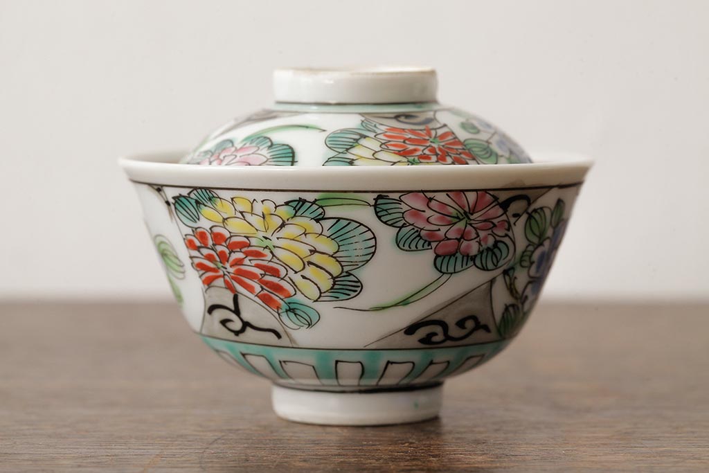 明治大正期　色絵染付蓋茶碗2客セット(和食器)(R-042811)
