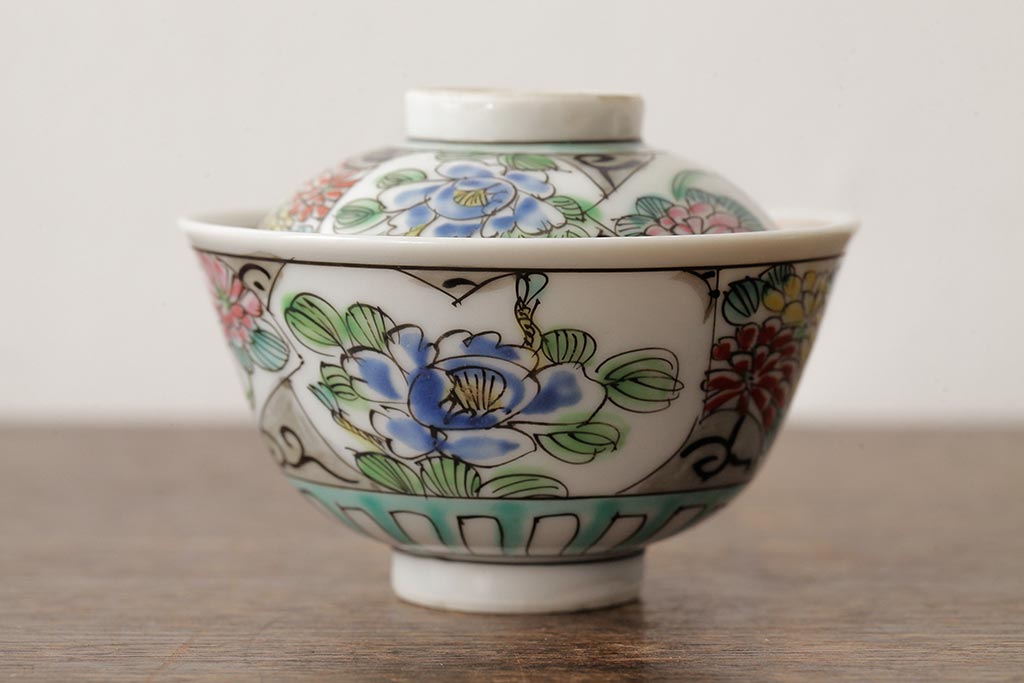明治大正期　色絵染付蓋茶碗2客セット(和食器)(R-042811)