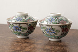 明治大正期　色絵染付蓋茶碗2客セット(和食器)(R-042811)