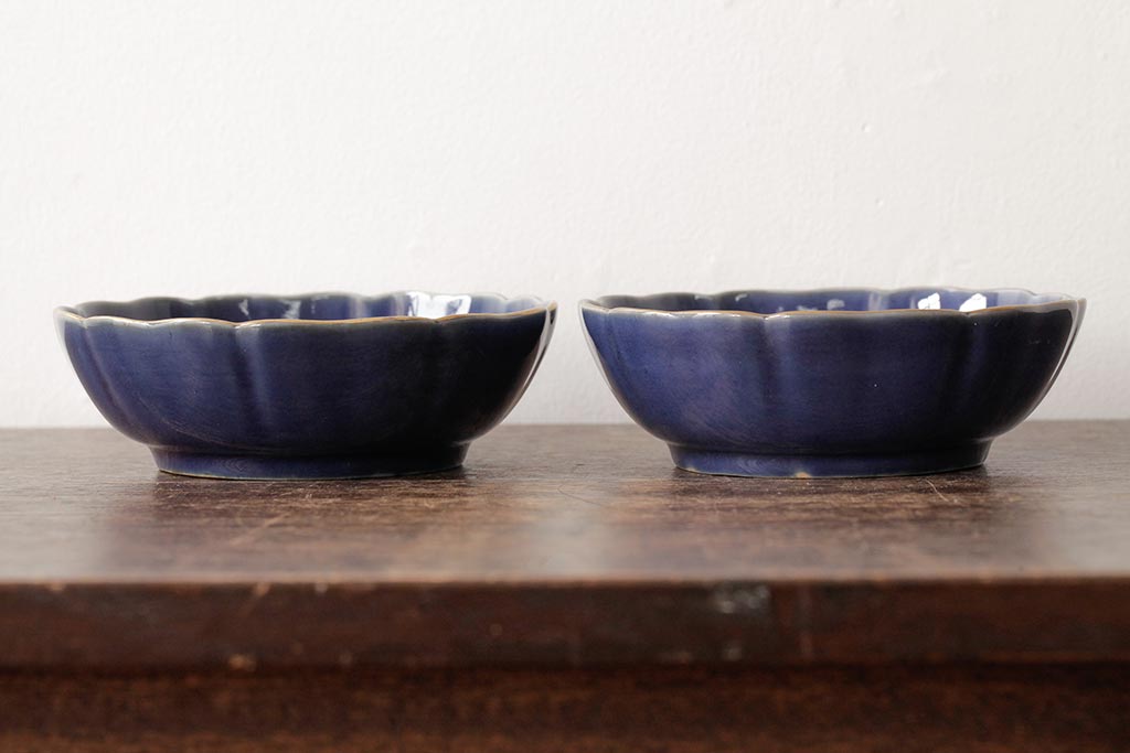 アンティーク雑貨　江戸期　古伊万里　瑠璃釉金彩花文なます皿2枚(中皿、和食器)(R-042824)