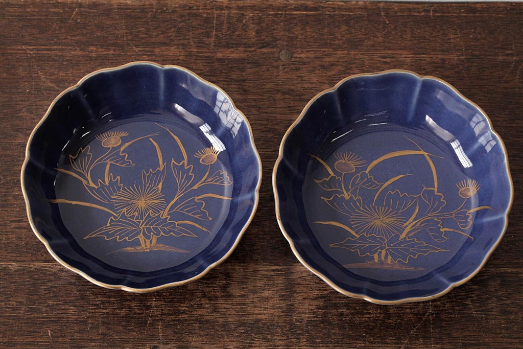 アンティーク雑貨　江戸期　古伊万里　瑠璃釉金彩花文なます皿2枚(中皿、和食器)(R-042824)
