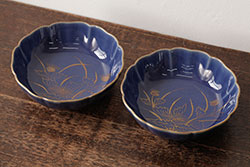 アンティーク雑貨　江戸期　古伊万里　瑠璃釉金彩花文なます皿2枚(中皿、和食器)(R-042825)