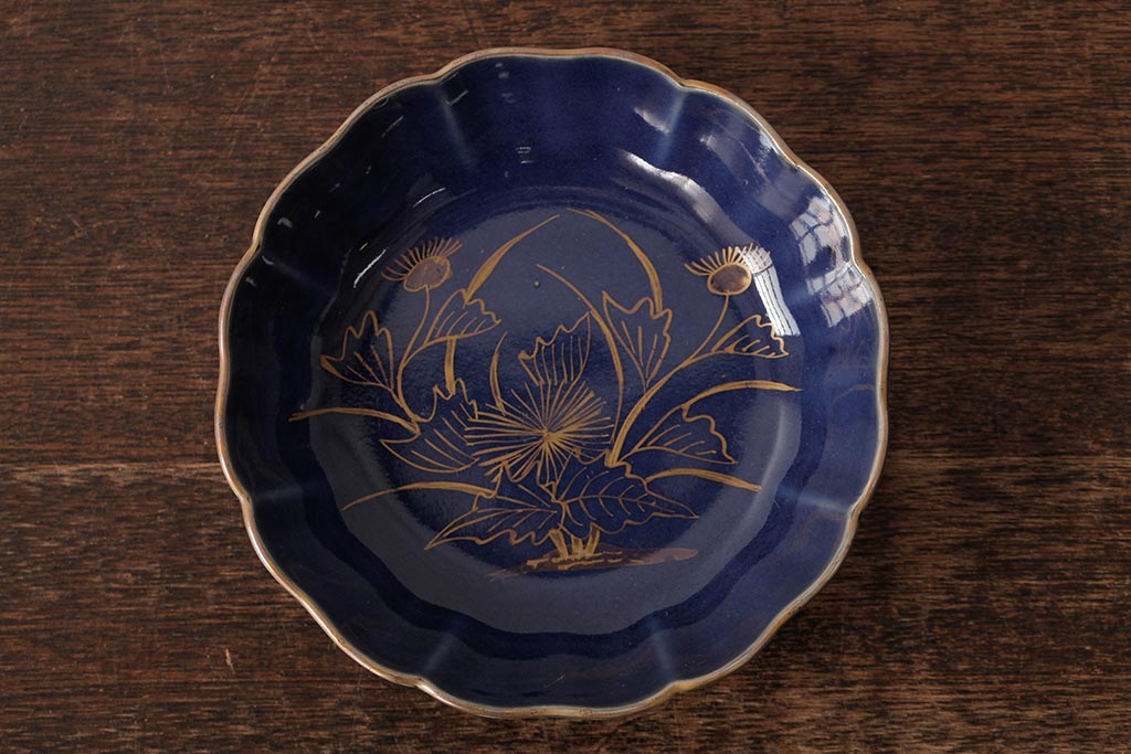 アンティーク雑貨　江戸期　古伊万里　瑠璃釉金彩花文なます皿2枚(中皿、和食器)(R-042826)