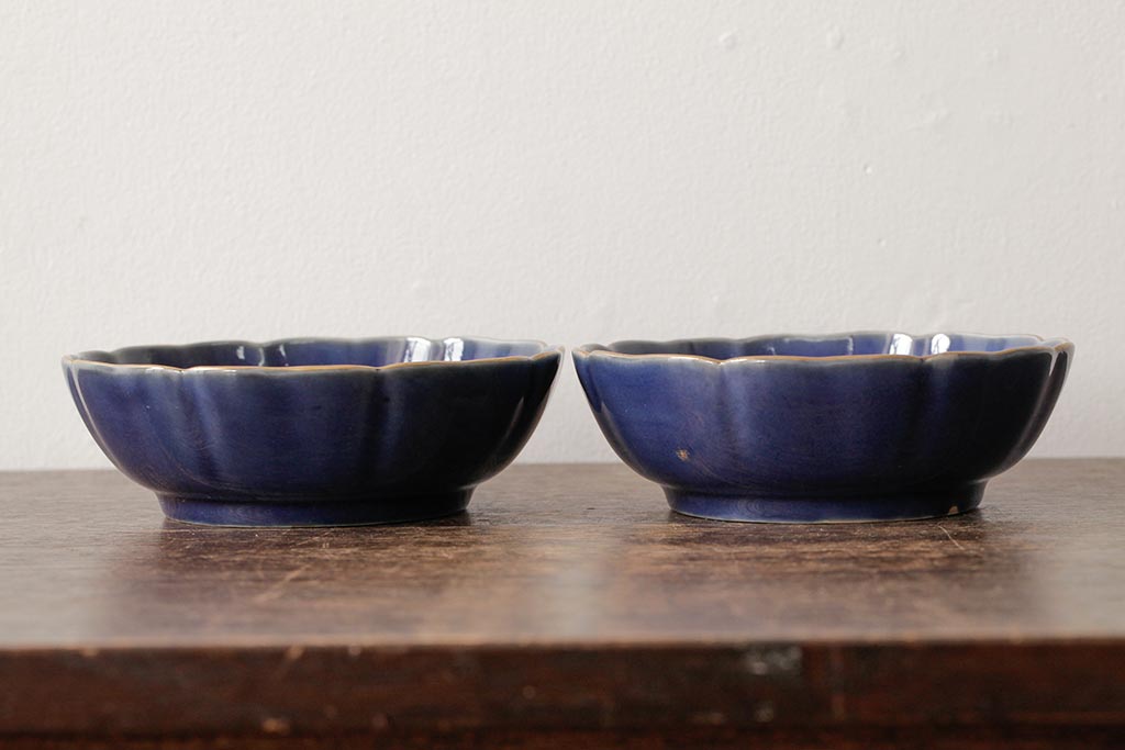 アンティーク雑貨　江戸期　古伊万里　瑠璃釉金彩花文なます皿2枚(中皿、和食器)(R-042827)